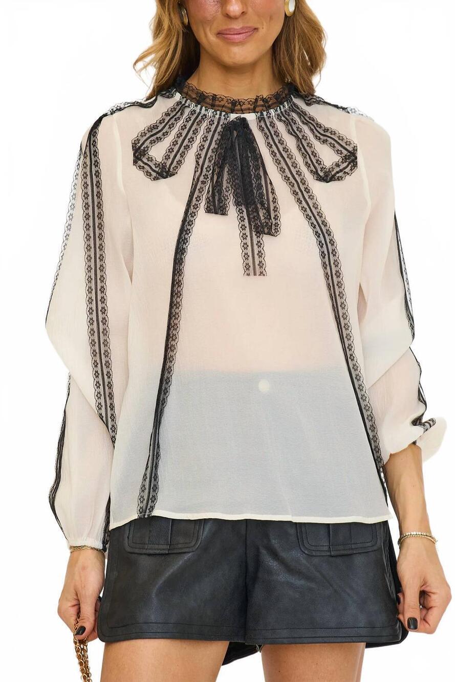 NEW BEULAHSTYLE contrast lace detail on sheer organza blouse in white